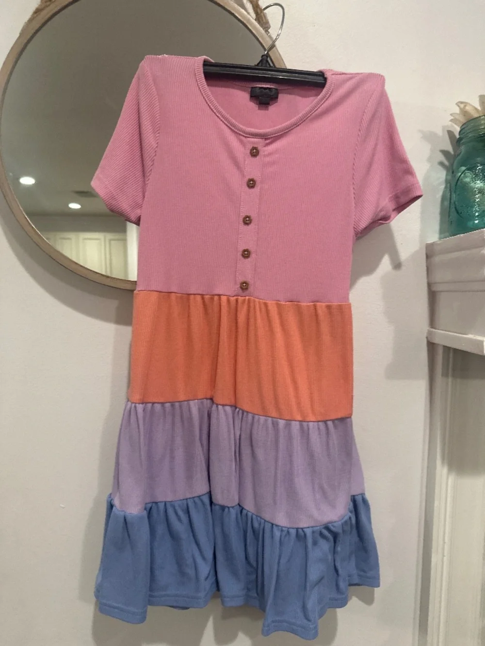 Picapino Girls Colorblock Ribbed Tiered Dress Size 12 Pink Coral Lavender Blue